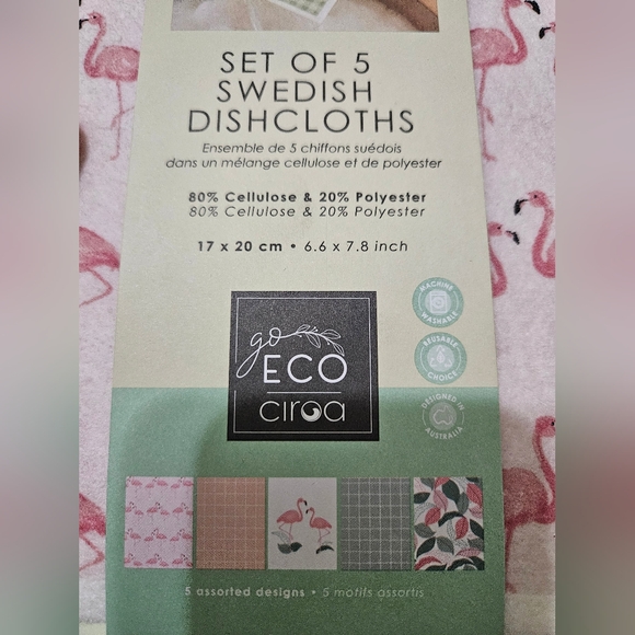 Eco Ciroa Swedish Dishcloths with Flamingo Print, Set of 5 - Picture 2 of 4
